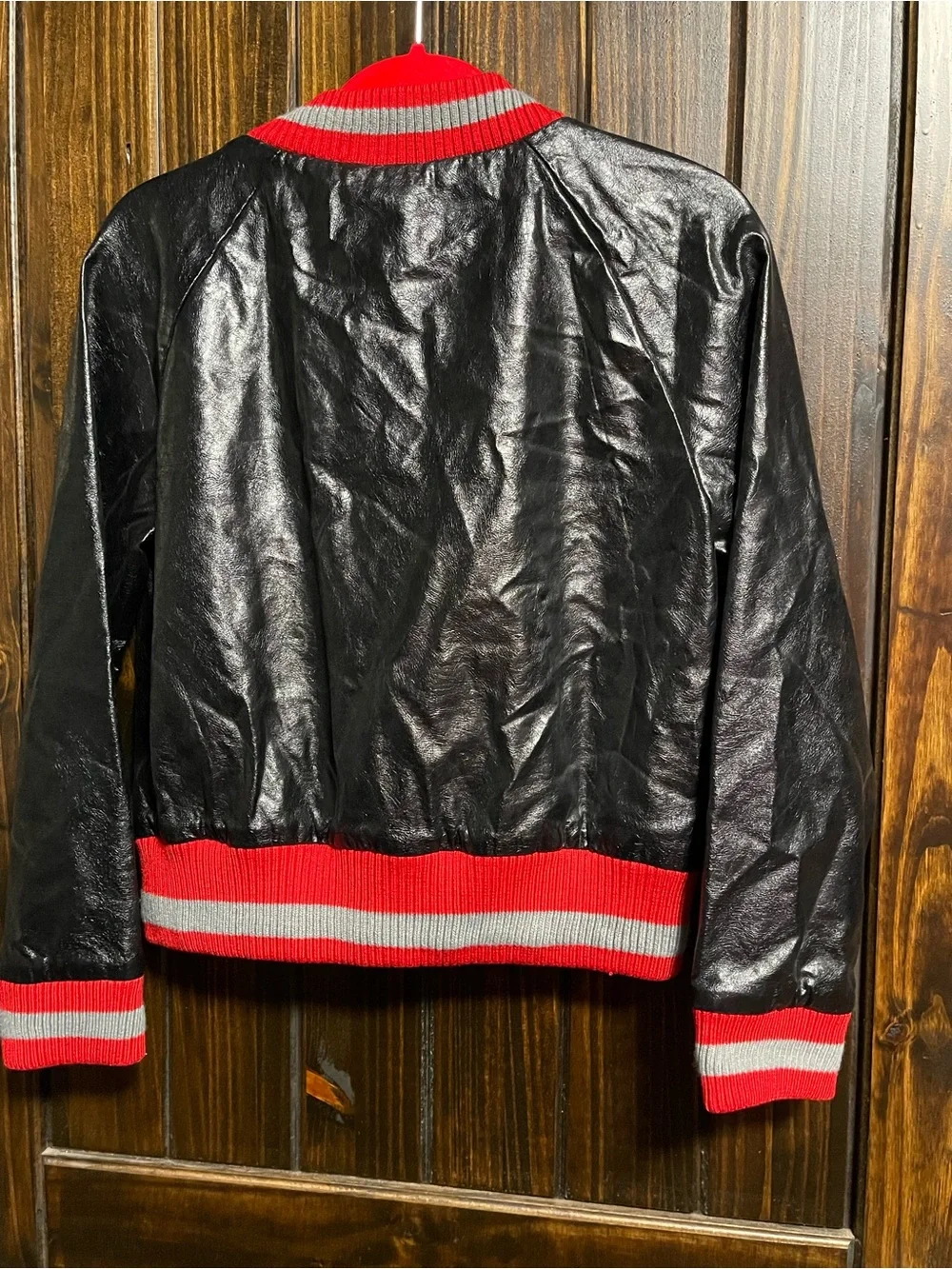 Kids Black Faux Leather Bomber Jacket with Red & Gray Trim